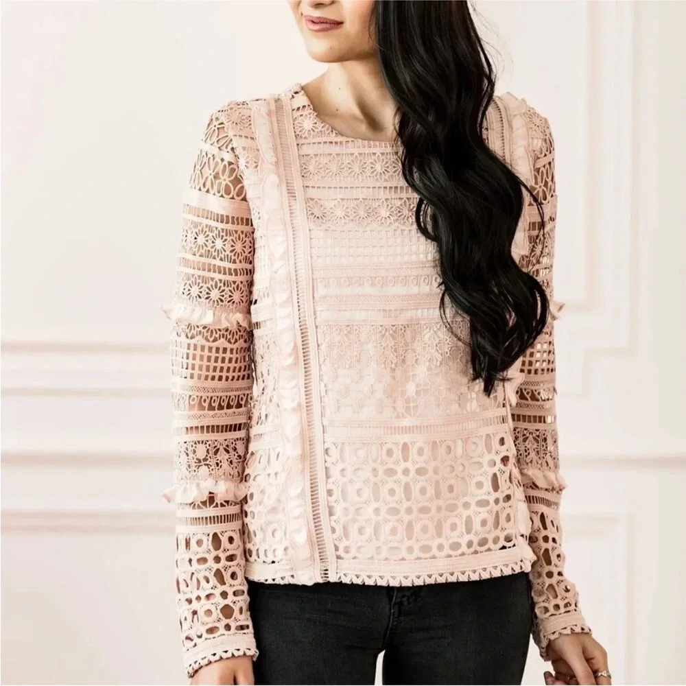 NWT Rachel Parcell Melrose Blouse Blush Pink Embroidered Lace Long Sleeve Top XS